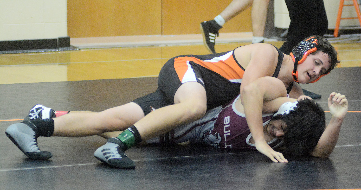 Kaden Loeb (above. top) controls Rolla’s Lucas Lara during their first-round bout in the 170B weight class. After a quad meet at Blair Oaks tomorrow (Thursday), Dutchmen wrestling will compete in tournament action Saturday with the JV grapplers at Pacific and their varsity counterparts in the Ste. Genevieve Duals Tournament.